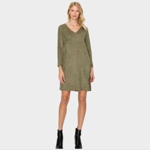 JOH Olive Green Suede-Like Shift Dress V-Neck Pockets  Neutral Minimalist Chic M